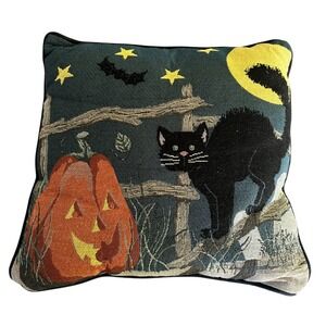 Vintage Halloween Black Cat and Jack-O-Lantern Tapestry Throw Pillow